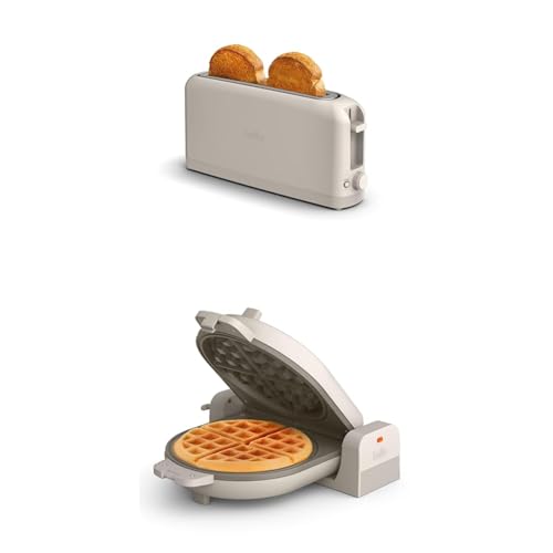 BELLA 2 slice Slim toaster + Flip-n-Store Ceramic Waffle Maker, Fits-anywhere™ Kitchenware, Waffle Iron w with EverGood™ Ceramic Nonstick Coating & Smart Toaster w 6 Shades Control, Oatmilk