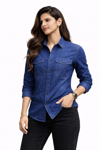 Image of Women's Denim Shirt | Long Sleeve Button Down Casual Shirt | Lightweight Summer Friendly Fabric | Regular Fit | Navy Blue & Charcoal Grey