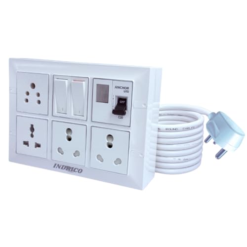 Image of INDRICO 16amps Multi Socket Extension AC Switch Board 15amp with MCB 20A 15A 6A Multi Outlet Box Plug with Copper Cord Heavy Duty Wall Mounted White Pack of 1 (1.5 Meter 1.5MM (2200W))