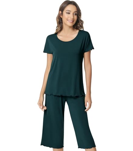Image of NACHILA Women's Bamboo Viscose Pajama Sets Summer Cooling Short Sleeve Capri Soft Pjs Night Sweats Moisture Wicking Sleepwear