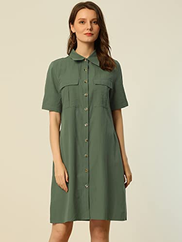 Image of Allegra K Women's Safari Dress Collared Short Sleeve Cotton Belted Button Down Shirt Dresses