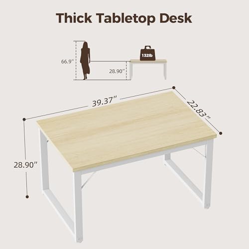 Image of Mericonia 40 Inch Computer Desk, 1 inch Thick Small Office Table, Oak | Modern Simple Style, Heavy Duty Industrial Frame, Small Study & Writing Table for Home Bedroom Work