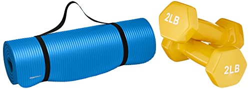 Image of amazon basics 13Mm Extra Thick Yoga Mat With Carrying Strap, Blue & Vinyl 2 Pound Dumbbells - Set Of 2, Yellow