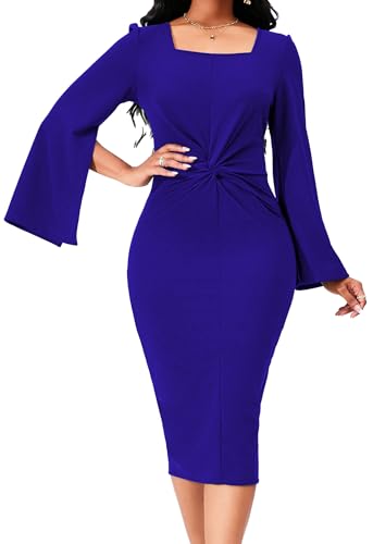 Image of Dresses for Women Elegant Long Sleeves Ruffles Pencil Knee Length Split Business Dress with Belt Zipper