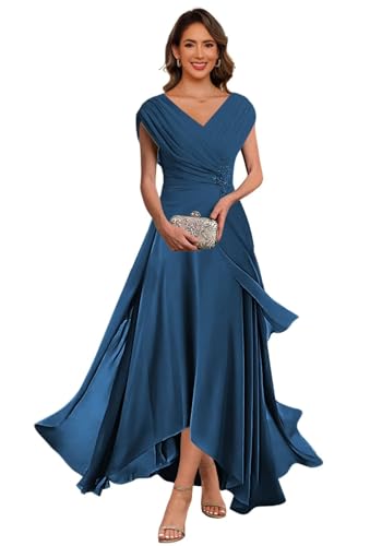 Dessiny Teal V Neck Ruched Mother of The Bride Dresses with Cape 2026 Ruffle Pleated Aline Formal Evening Dresses for Women US12