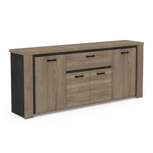 Bahut Bas avec Nombreux Rangement en Bois – Style Industriel – Coloris Chêne Halifax & Noir Mat avec Finitions Métal Noir - 219 x 91 x 45 cm