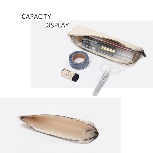 Image of Canvas Pencil Case Slim Pencil Pouch Durable Zipper Stationery Bag Small Travel Use (Beige /Canvas)