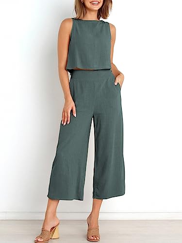 Image of ANRABESS Women's Summer 2 Piece Outfits Sleeveless Tank Crop Button Back Top Cropped Wide Leg Pants Set Pockets