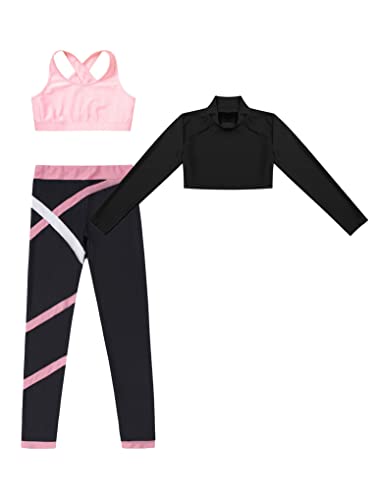 Hansber Kids Girls 3Pcs Dance Sports Outfit Sports Bra Long Sleeve Crop Top with Athletic Leggings Tracksuit Set3