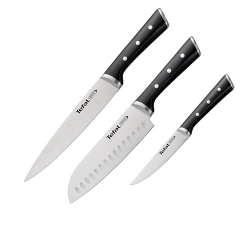 Tefal Ice Force 3er Set, Fleischmesser 20 cm, Santokumesser 18 cm, Universalmesser 11 cm, Edelstahl, schwarz, K232S3