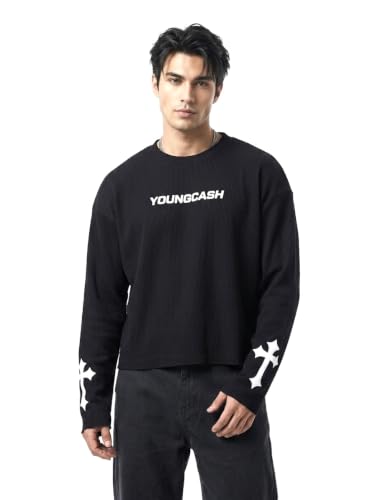YoungCash Men's Black Waffle Knit Cropped Long Sleeve T-Shirt - Image 2