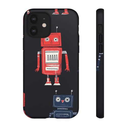 Coque robot rétro rouge et bleu pour iPhone 12 rigide mate