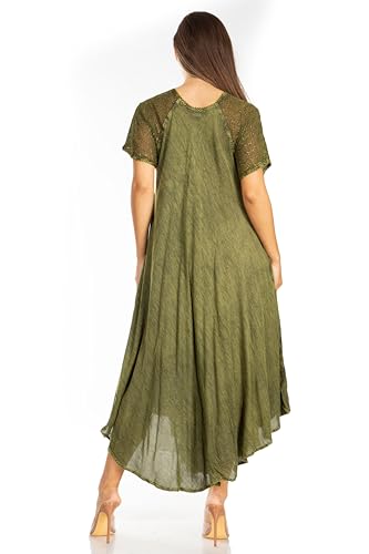 Image of Sakkas Egan Long Embroidered Caftan Dress /Cover Up with Embroidered Cap Sleeves