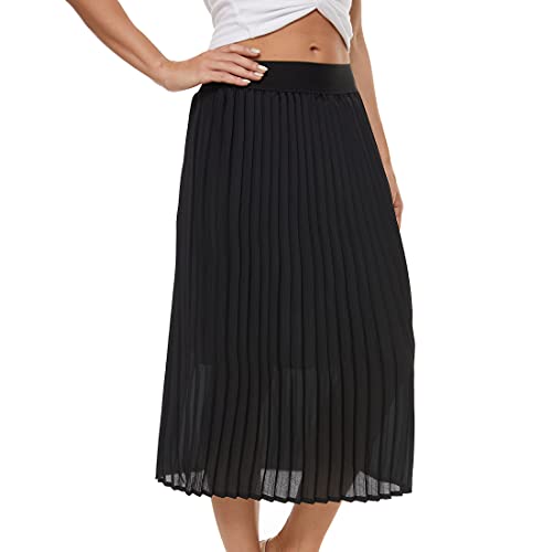 Womens Pleated Midi Skirt,High Waist Swing Boho Pleated Skirt Casual Chiffon Elastic A-line Long Skirts2