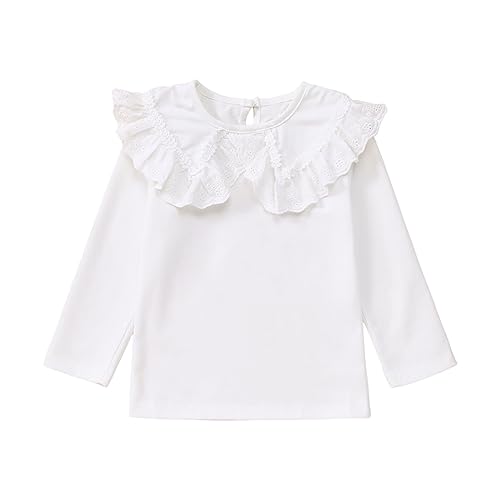 Image of MODNTOGA Kids Baby Girl Long Sleeve Collar Shirt Toddler White Blouse Puff Short Sleeve T-Shirt Solid Color Basic Top Bottom (White,3-4 Years)