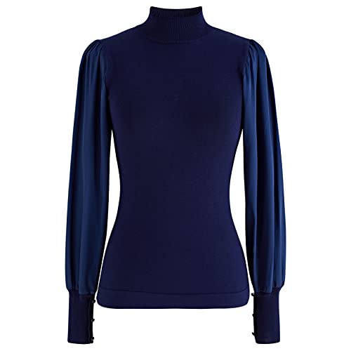 Image of CHICWISH Women's Mock Neck Satin Spliced Bubble Sleeves Knit Top