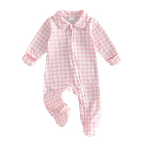 Image of Motlapol Newborn Baby Boy Girl Gingham Footed Romper Plaid Print Peter Pan Collar Long Sleeve Jumpsuit Coming Home Outfit