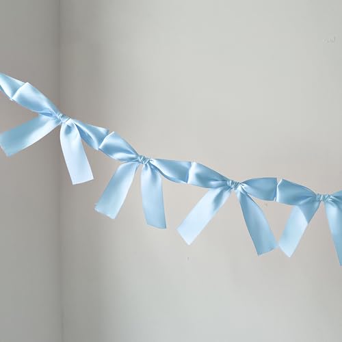 Image of Pre-Assembled Blue Bow Garland - 6ft Ready-to-Hang Party Decorations for Baby Boy Showers, & Birthday,Gender Reveal， No DIY Needed, Thick Silk Satin Bows Banner (Blue, 6ft)