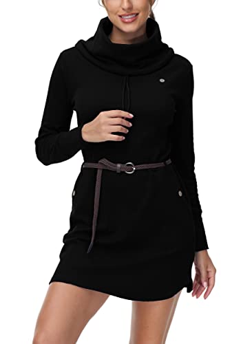 DOTIN Damen Sweatkleid Langarm Sweatshirt Pulloverkleid Rollkragen Hoodie Kleid Jumper Tops Kapuzenpulli, Schwarz, L Cover