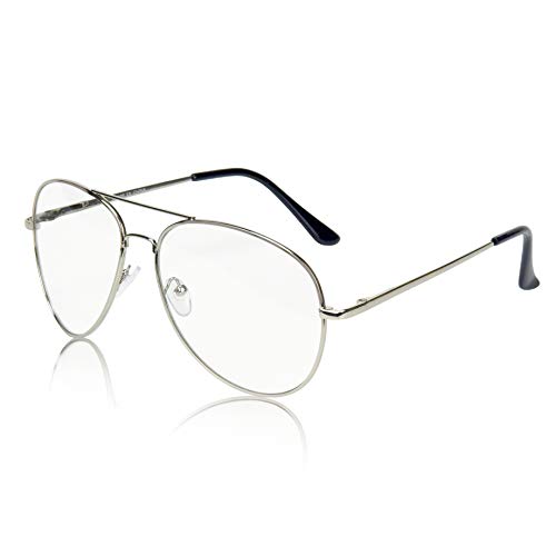 SunnyPro Aviator Glasses Clear Lens Oversized Silver Metal Frame Non-Prescription UV400