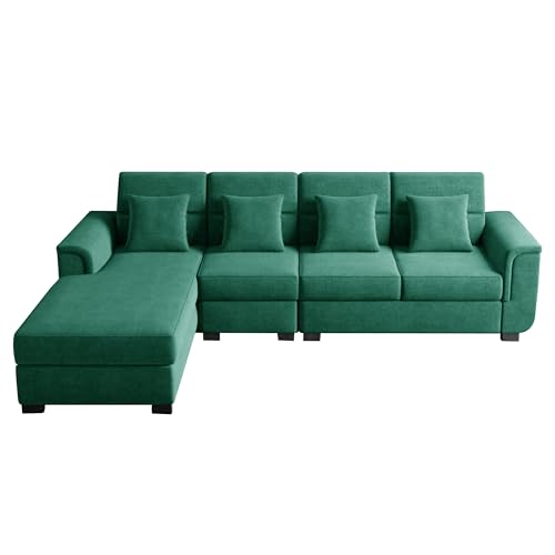 Image of Wood 6 Seater Sofa Set | Velvet Fabric Upholstery | Modern Wooden Frame Sectional Couch with Cushions for Living Room, Home & Office (Green)