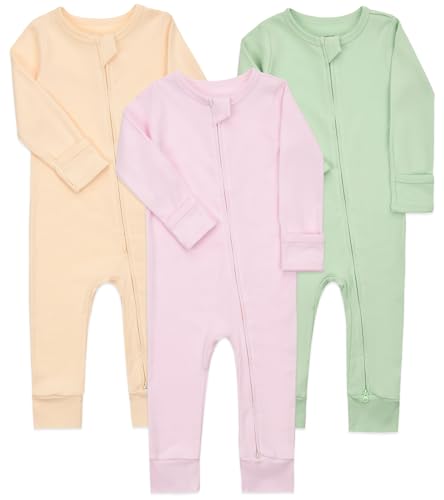 Image of Aablexema Baby Cotton Footless Pajamas with Mitten, 3-pack Infant Romper Zip Up One Piece Jumpsuits Outfit