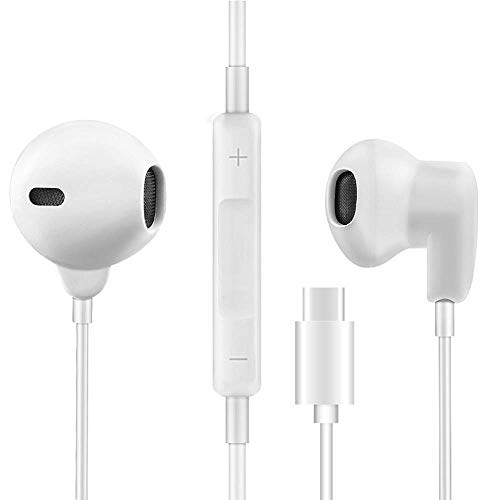 Balance Tech USB Type C Earphones with Microphone, USB C Earbuds with Mic, Wired in-Ear Earbuds, USB Type-C Headphones Volume Control, White