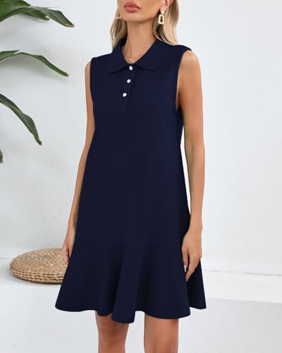 Image of YEXPINE Women's Sleeveless Polo Dress Ruffle Hem Lapel V Neck T-Shirt Summer Mini Dresses