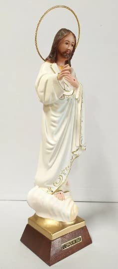 ArteSacraCaravaggio Statua di Gesù Sacro Cuore cm 37 all'aureola (14,56 inches) in vetro resina, con occhi in vetro decorata a mano di produzione artigianale
