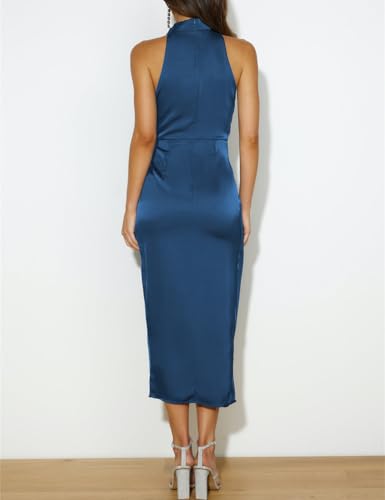 Image of Halfisland Women's Summer Satin High Neck Sleeveless Wrap Dress Elegant Mock Neck Tie Waist Cocktail Formal Dresses