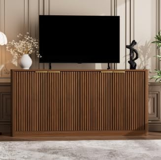 59-Inch Modern Wavy Sideboard, Walnut Wood Storage Cabinet with 4 Doors for Living Room TV Stand or Entryway Buffet