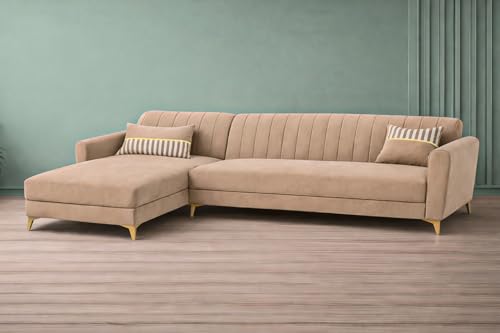 Image of Adorn India Premium Luster 6 Seater L Shape Sofa Set | Velvet Suede Fabric | 3-Year Warranty | LHS |Color Beige with Golden Legs & Striped Pattern Cushion