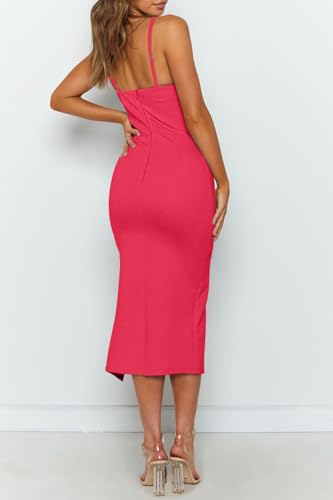 Image of OWIN Women's Adjustable Spaghetti Straps Sleeveless High Waist Split Midi Bodycon Cocktail Party Dress
