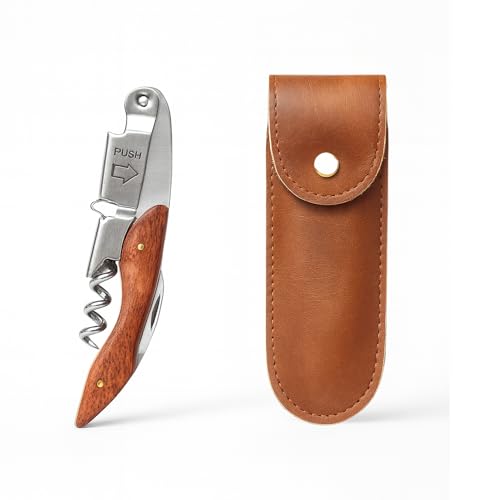 HOMVELINA Abridor de vino profesional, sacacorchos de madera con funda de cuero, acero inoxidable marrón, diseño de palanca de doble bisagra, abridor de botellas de camarero de primera calidad para el