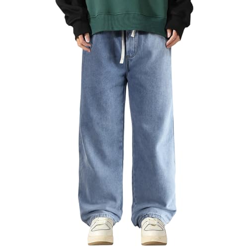 Baggy Jeans for Men Vintage Elastic Waist Loose Fit Straight Leg Wide Leg Fleece Thickened Lined Casual Outdoor Denim Pants