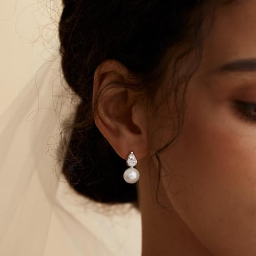 Pearl Earrings for Women, 14k Gold Plated CZ Formal Pearl Stud Earring Hypoallergenic Gold Earrings for Women Trendy Dainty Bridal Pearls Drop Earrings Fashion Wedding Jewelry3