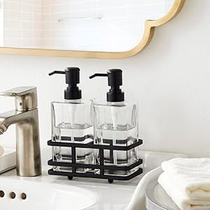 Square Glass Clear Lotion and Soap Pump Dispenser Set with Metal Stand Caddy for Bathroom Bath Kitchen Home Office Travel Hotel Hand Crafted Heavy Weight Matte Black - Image 7