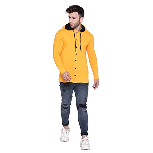 Image of Geum Men's Full Sleeve Hooded T-Shirt with Button-Down Front | Casual Slim Fit Cotton Shirt-Style Tee