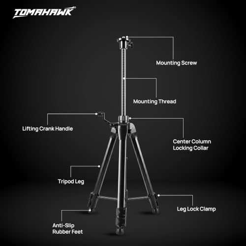 Image of TOMAHAWK TP-1.5m-Tripod - Adjustable Aluminium Alloy Laser Tripod Stand Holder with 3-Way Pan Head, Bubble Level and Extra 5 /8 inch Thread