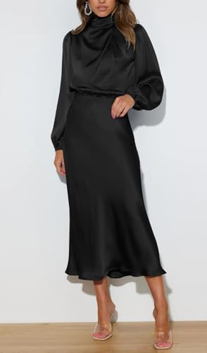 Womens Mock Neck Satin Maxi Dress Long Sleeve Formal Party Cocktail Wedding Guest Dresses4