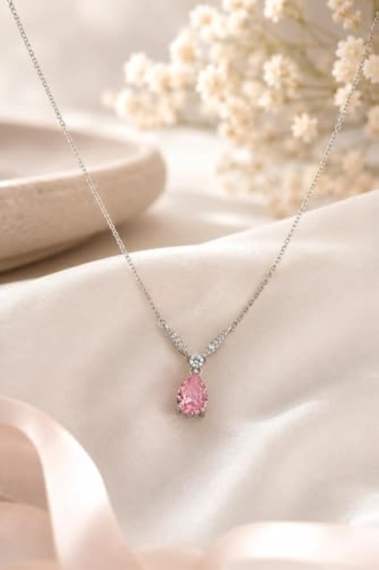 Women's 925 Silver Rhodium Pear-Cut Sakura Pink Teardrop Necklace