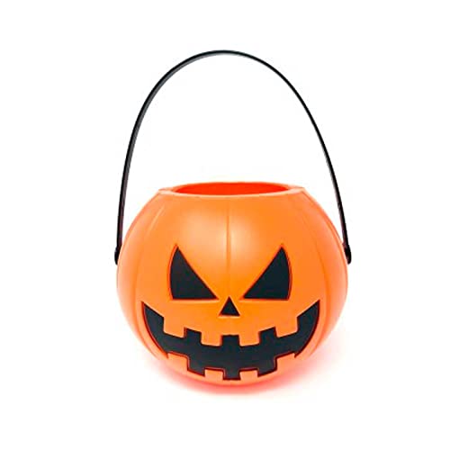 Tradineur - Cesta con asa para recoger caramelos - Fabricado en plástico - Diseño de calabaza - Halloween, cubo, recipiente para dulces, truco o trato (Naranja, 12,5 x 16 cm)