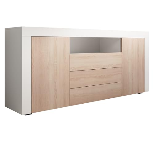MB Muebles Bonitos | Buffet avec Deux Portes et Trois caissons Yanis pour Salon et Salle à Manger Moderne | Mélamine Mate | Couleur Blanc et Sonoma |...