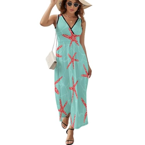 Robe longue d'été sans manches col V motif étoile de mer rouge pour femme