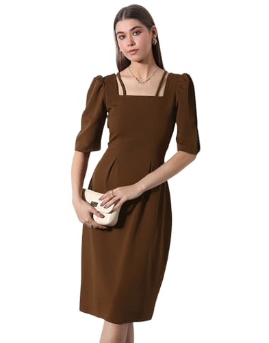 Image of Selvia Brown Puff Sleeve Square Neck Bodycon Dress