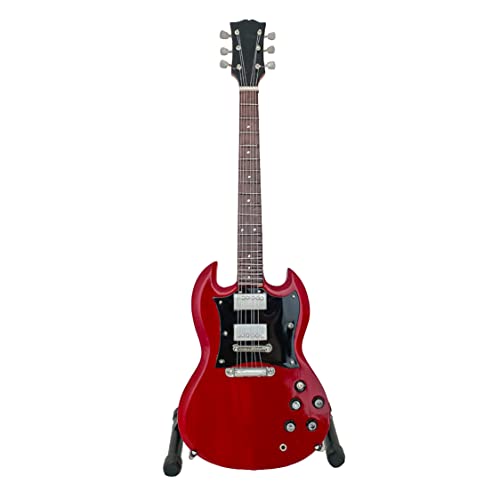 Reni Gifts ACDC Angus Young Miniature Guitar Replica - 10 Inch Cherry Red Miniature Replica Guitar with Stand for Desk, for Rock and Roll Lovers and ACDC Fans - Hand Painted, Solid Mahogany Wood