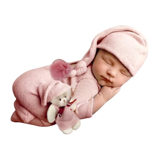 Image of Newborn Baby Photo Shoot Props Girl Boy Crochet Knit Hat Costume Stripe Hat Pants Overalls Photography Props