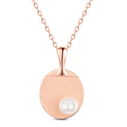 Sweetiee SHEGRACE 925 Silver Sporty Necklace with Table Tennis Bat Pendant Fresh Water Pearl, Rose Gold, 400mm