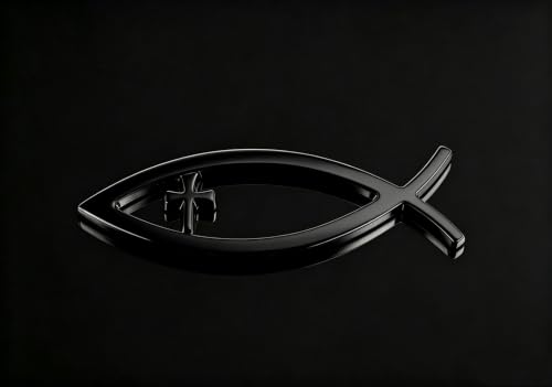 Image of 3D Chrome Emblem Badge Sticker Christian Fish with Cross Chrome Emblem Decoration for Car, Truck, Motorcycle, RV, Scooter, SUV, Door, Window (Black Christian Fish)
