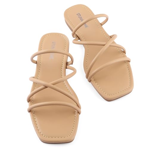 Image of STUNAHOME Women's Rhinestone Thong Flat Sandals Open Toe Slide Sandals with Square Toe Bling Strap
